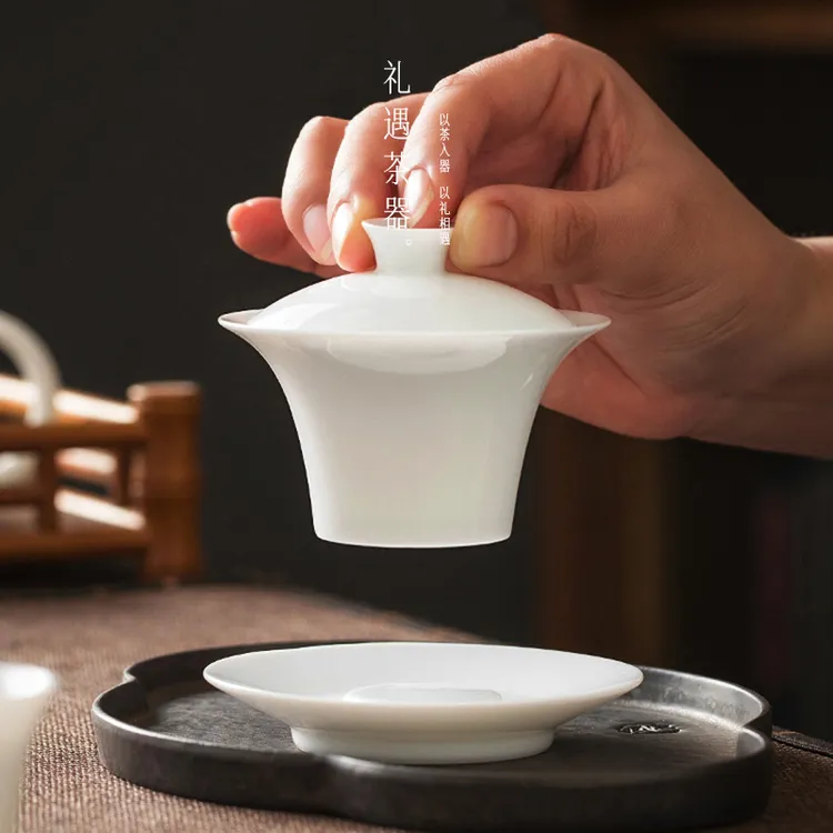 德化白瓷三才马蹄盖碗薄胎陶瓷手抓泡茶碗茶壶家用玉瓷功夫茶具