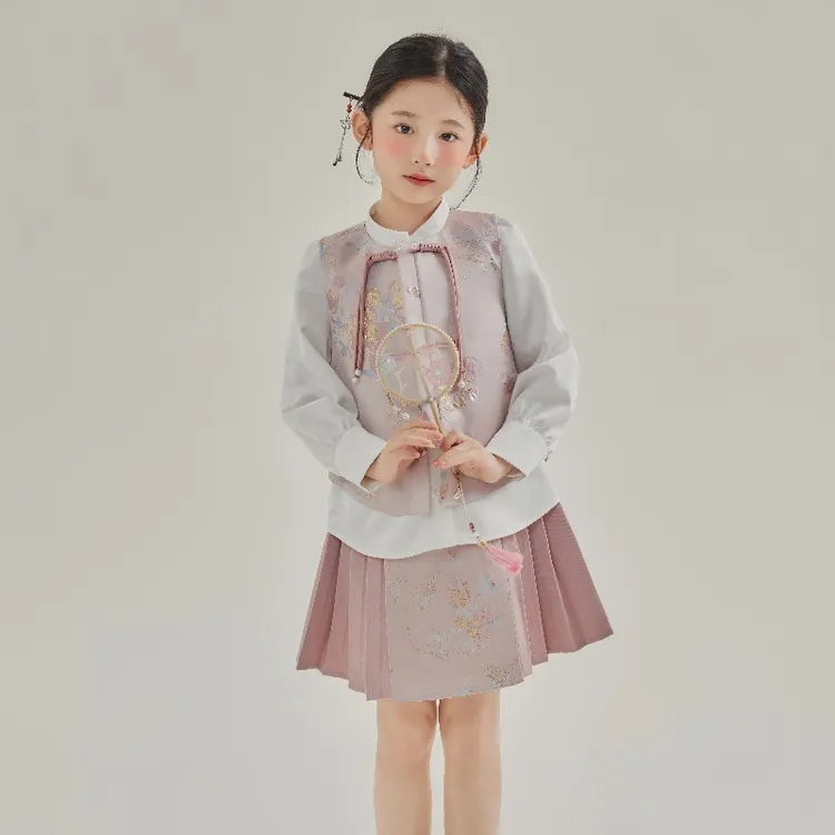 女童春秋套装2024新款春装洋气国风中大童马甲衬衫女孩两件套装裙