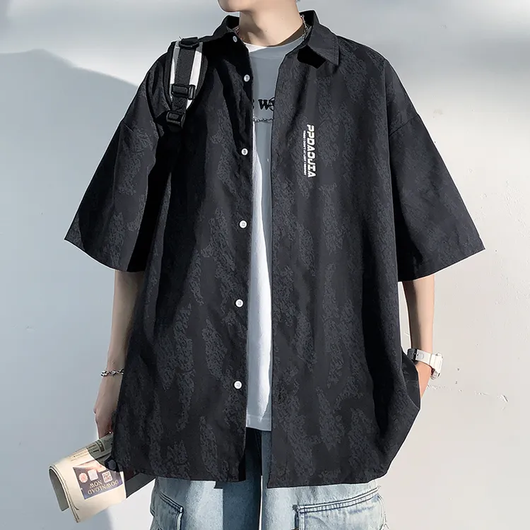 美式薄款短袖衬衫男夏季薄潮牌潮流宽松半袖衣服日系男士衬衣外套