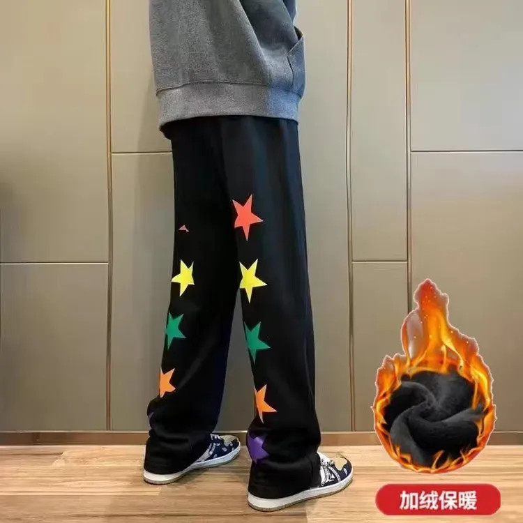 冬季加绒大码潮牌裤子百搭直筒休闲裤8X宽松卫裤运动外穿阔腿裤男