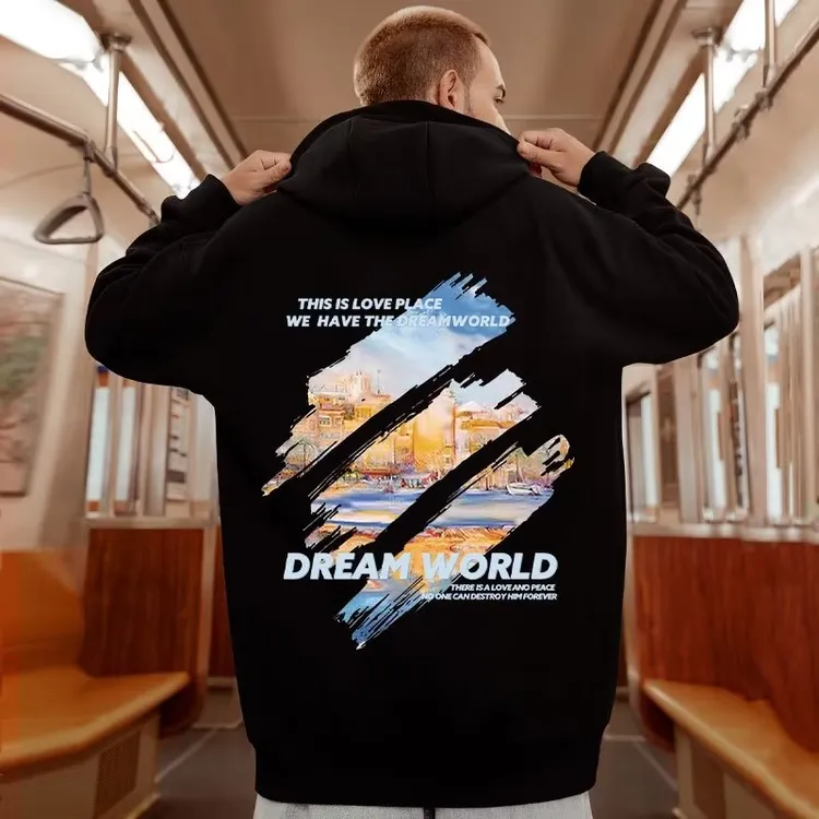 美式复古油画风300斤穿印花连帽卫衣男冬季新款宽松大码加绒上衣