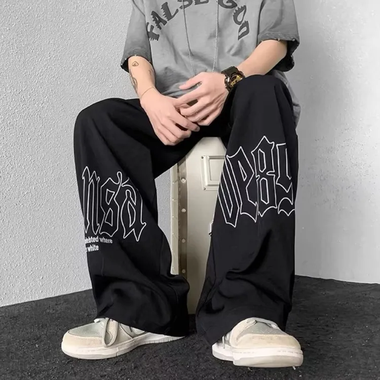 潮牌美式大码裤子男秋季高街宽松300斤穿直筒卫裤垂感滑板运动裤