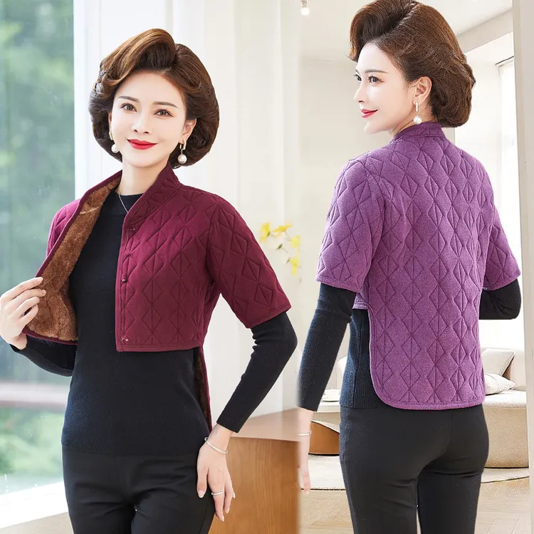 妈妈装加厚加绒护肩中老年女装防寒保暖坎肩秋冬短款德绒小棉衣