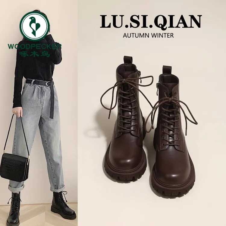 啄木鸟马丁靴女鞋2025新款冬季加绒厚底复古百搭英伦风爆款短靴