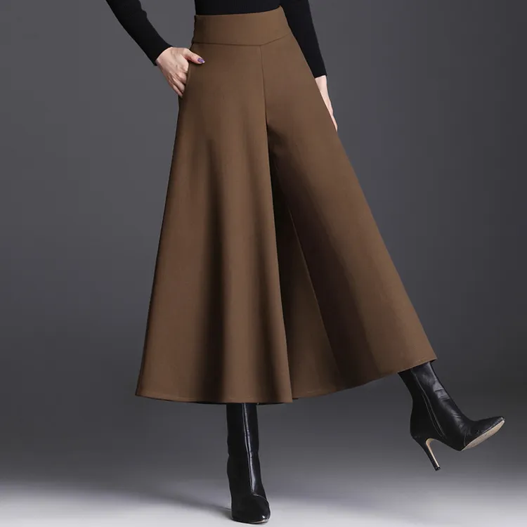 秋冬新款毛呢裙裤女高腰显瘦九分裤阔脚裤女宽松垂坠感裤裙阔腿裤