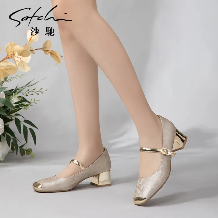 沙驰女鞋新中式小香风玛丽珍鞋24年秋款拼接粗跟时装鞋浅口女单鞋