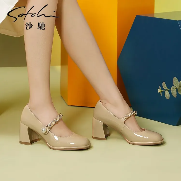 沙驰女鞋年春季新款粗跟高跟职业单鞋女漆皮舒适气质玛丽珍鞋