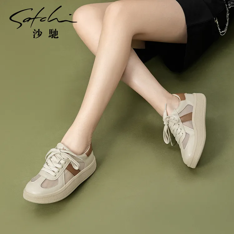 沙驰女鞋透气网面鞋24年新款时尚复古舒适休闲板鞋学院风百搭女鞋