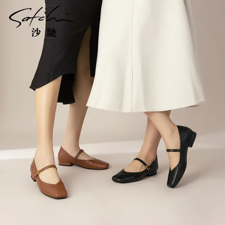 沙驰女鞋舒适平底鞋单鞋2025年春季新款舒适小皮鞋休闲玛丽珍鞋女