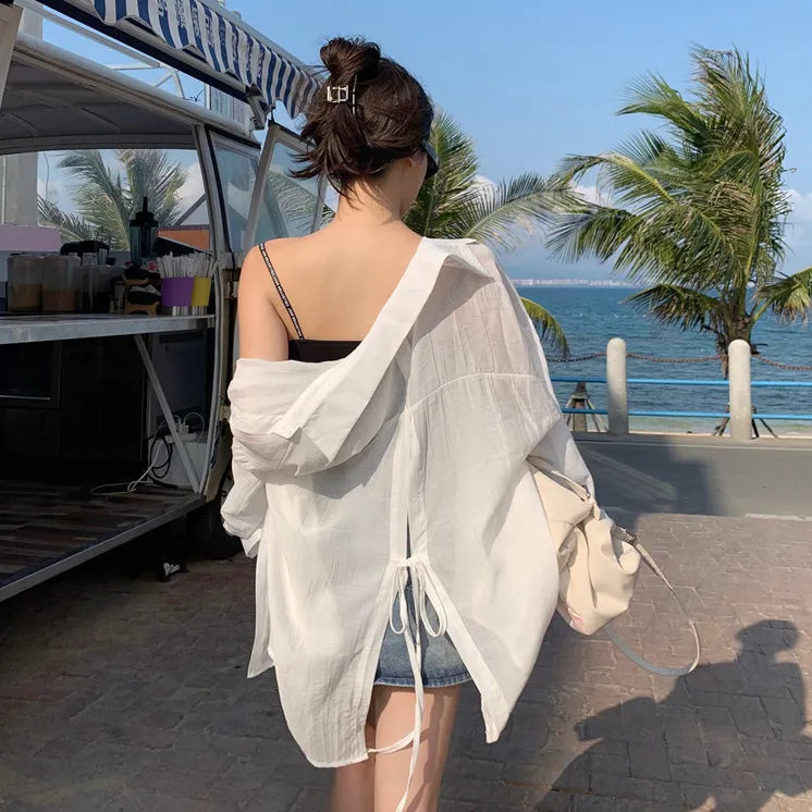 欧若风长袖防晒衫女夏季薄款白色衬衫系带宽松沙滩露背外穿上衣