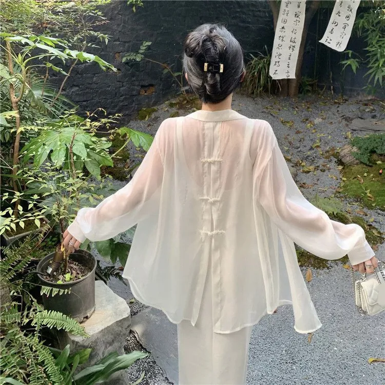 新中式国风珠光雪纺衬衫外套女夏季薄款长袖开衫白色外搭仙气上衣
