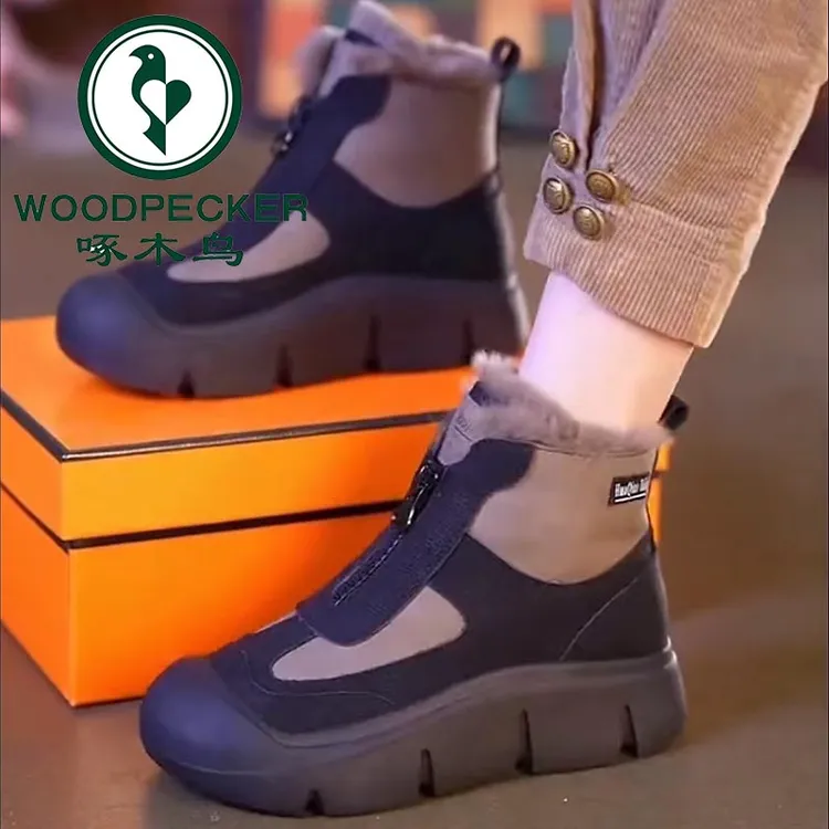 啄木鸟加绒棉鞋雪地靴2025冬季厚底高帮鞋软底前拉链短靴保暖棉靴