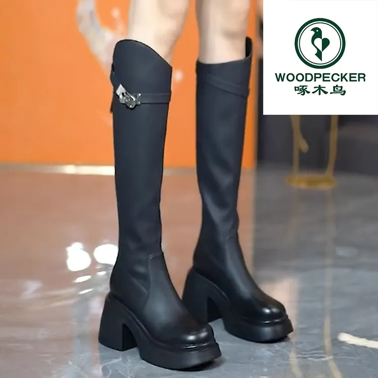 woodpecker/啄木鸟不过膝靴女厚底长靴2025秋冬新款皮带扣长筒靴