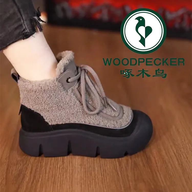 啄木鸟加绒保暖马丁靴女2025年冬季新款短靴厚底防寒雪地靴高帮鞋