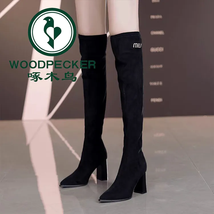 啄木鸟显瘦粗跟过膝长靴女2025年秋冬新款尖头高跟弹力高筒瘦瘦靴