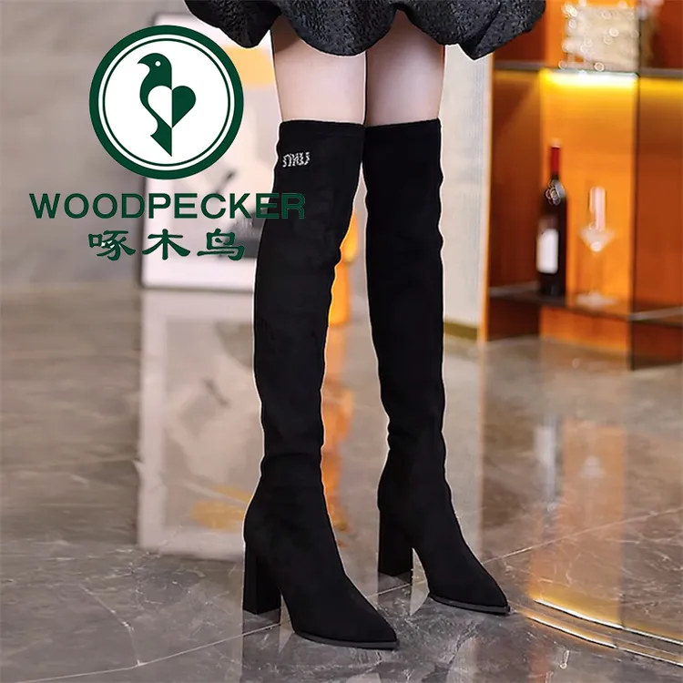 啄木鸟黑色过膝靴女2025年秋冬新款高跟长靴粗跟弹力靴百搭高筒靴