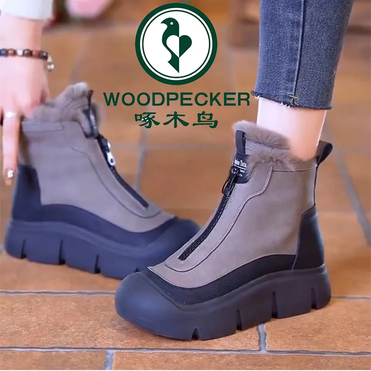 啄木鸟加绒加厚保暖棉鞋女2025年冬季新款厚底雪地靴防滑轻便短靴