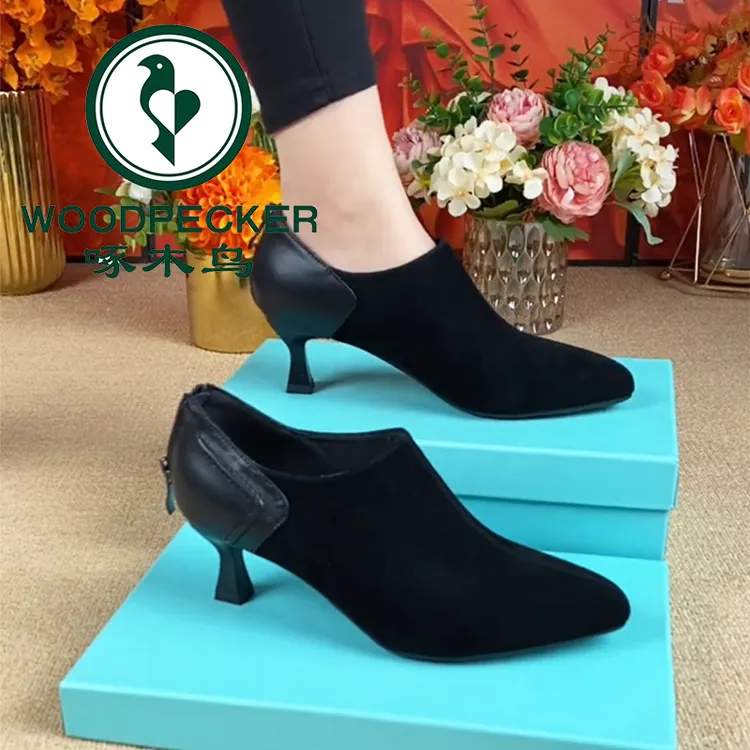 啄木鸟加绒单靴低跟小跟磨砂绒面皮鞋女2025秋冬新款尖头深口单鞋