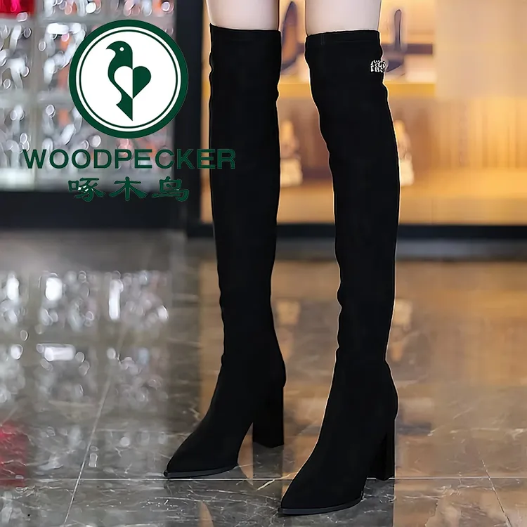 啄木鸟显瘦粗跟过膝长靴女2025年冬季新款尖头高跟弹力套筒瘦瘦靴