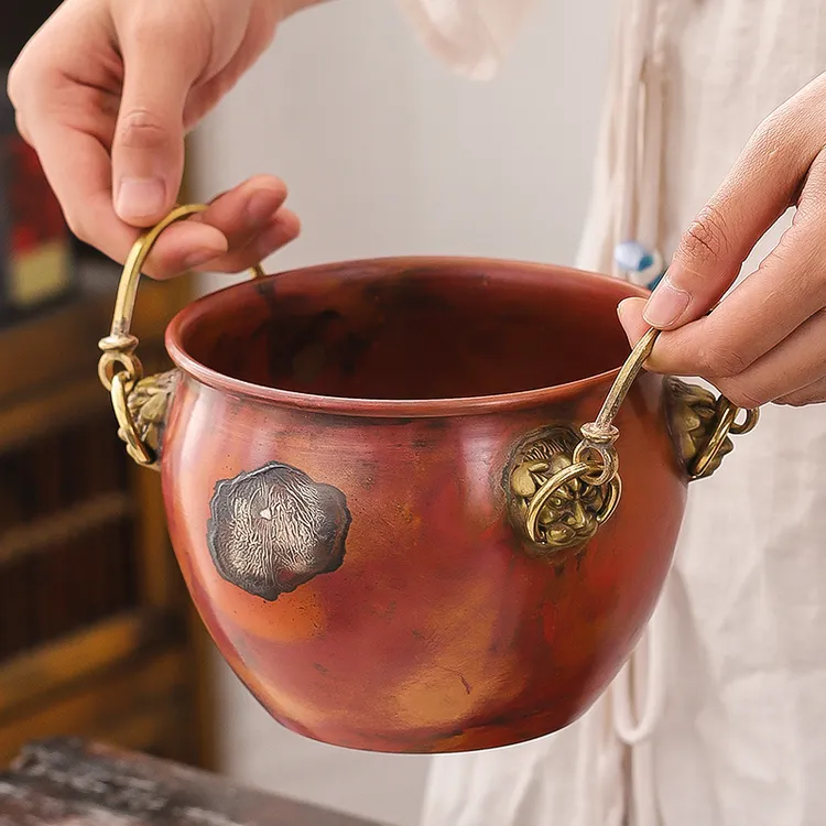 高档紫铜茶洗大号茶渣缸禅意双耳狮子头香炉茶水盂家用茶具配件