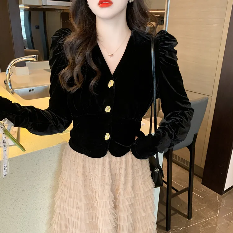 法式V领金丝绒衬衫女高级设计感黑色上衣长袖外套多扣泡泡袖上衣