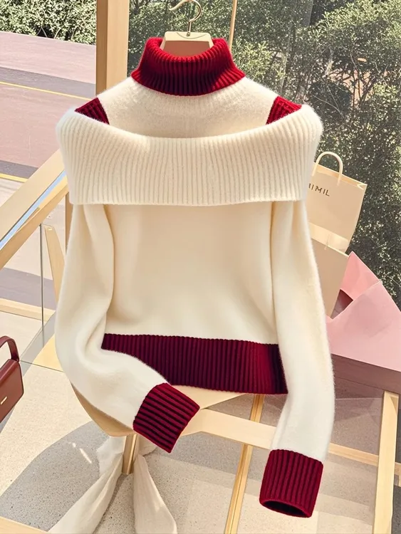 2024冬季小众别致设计气质高级杏色拼接毛衣百搭减龄撞色爆款上衣