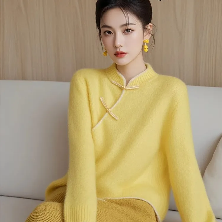 超好看黄色毛衣女款2024新款冬季新中式国风盘扣针织衫长袖上衣