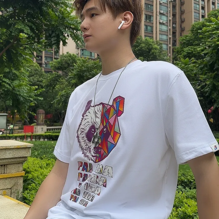2889#夏季薄款流行个性拼接熊猫图案印花潮流青春修身纯棉男T恤