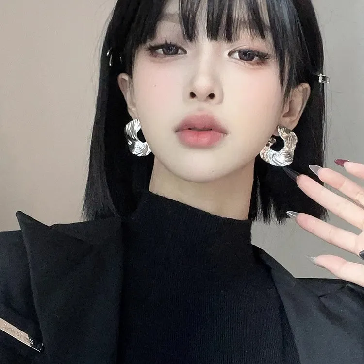 合金耳饰 气质夸张不规则金属褶皱耳环欧美风小众设计感独特耳饰