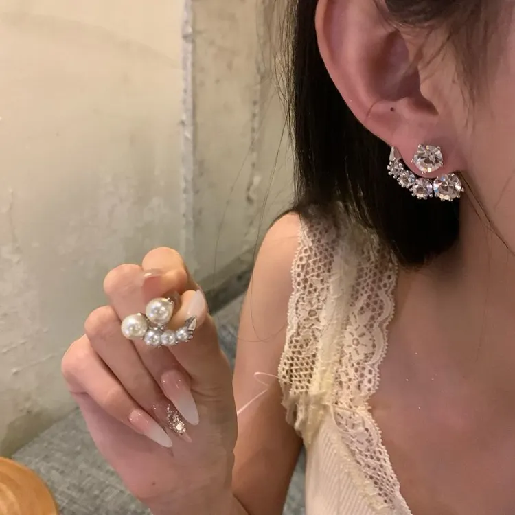 合金耳饰 「爆闪」后挂式不对称耳钉女珠珠耳环网红耳饰品甜美新款
