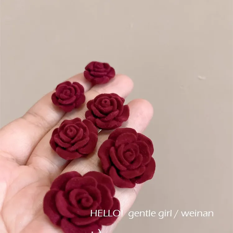 合金耳饰 复古凡尔赛玫瑰法式秋冬酒红耳钉植绒花朵耳环饰品小众