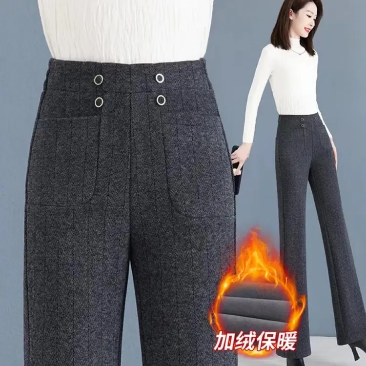 毛呢微喇裤女加绒加厚冬2025新款高腰羊毛显瘦垂感直筒喇叭休闲裤