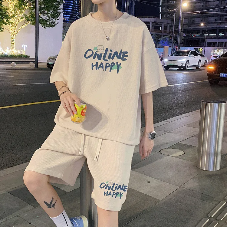 高端华夫格套装男款夏季潮牌宽松短袖T恤印花休闲轻奢痞帅男装