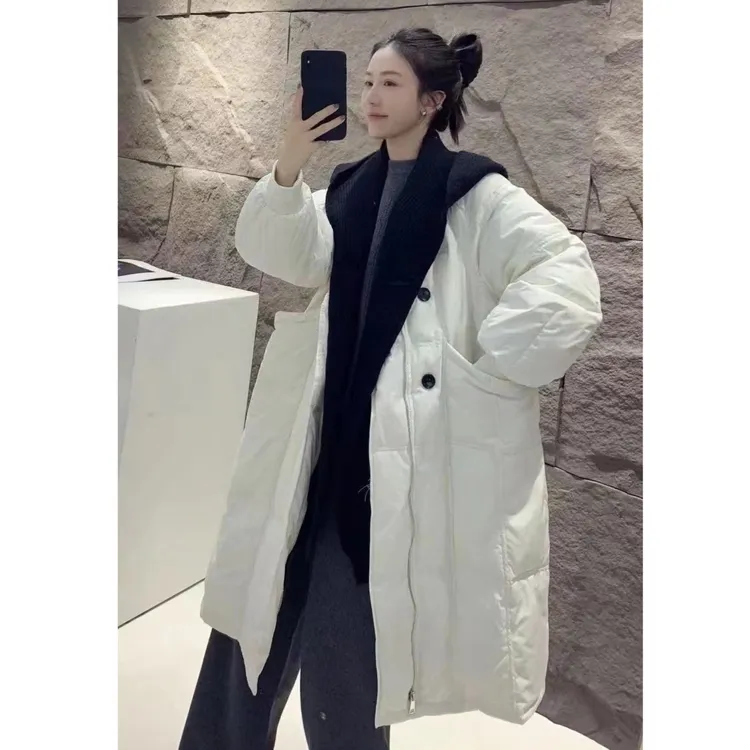 羽绒服中长款网红韩版过膝宽松针织连帽加厚白鸭绒外套