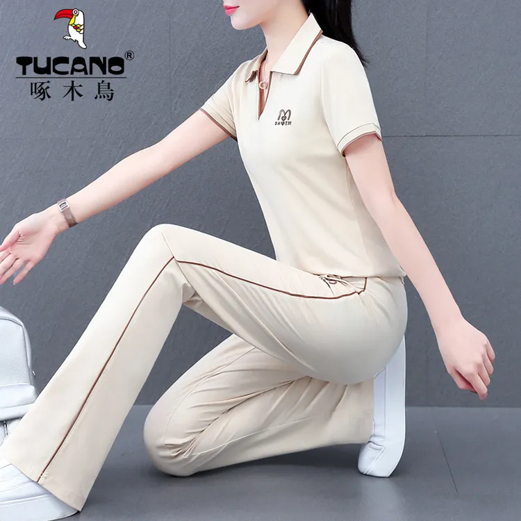 2025年新款凉感运动装套韩版夏季妈妈翻领短袖两件套新中式