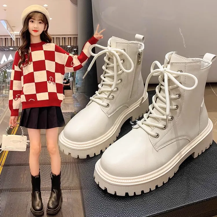 女童马丁靴2025年秋冬季新款真皮儿童防滑软底单靴白色中大童加厚