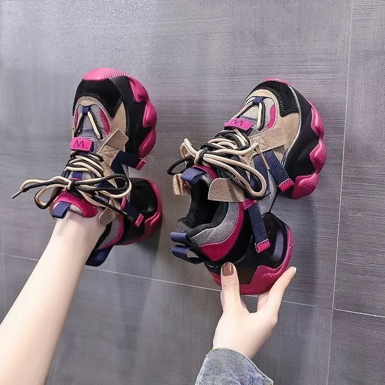 网红爆款拼色老爹鞋女2024秋季新款百搭厚底增高跑步休闲运动鞋子
