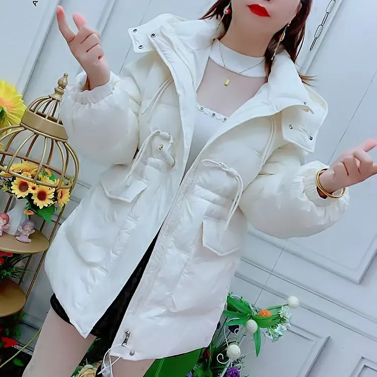 连帽大口袋收腰棉服中长款2024冬新款宽松时尚保暖小个子棉袄外套