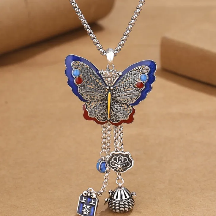 复古民族风景泰蓝蝴蝶吊坠女手工做旧项链百搭毛衣链
