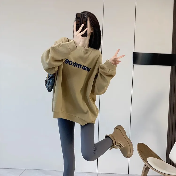 欧货长袖加绒卫衣女秋冬新款2025爆款美式无帽中长款遮屁股上衣潮