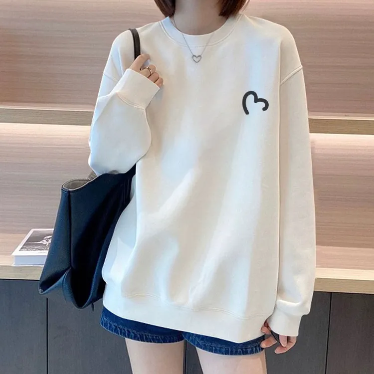 白色圆领卫衣女春秋款2025秋季新款爆款爱心欧货大版宽松外套上衣