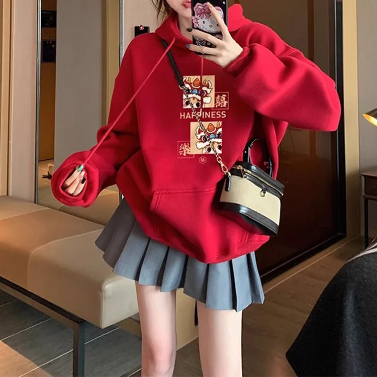 本命年红色新年连帽卫衣女长袖宽松休闲小众慵懒小个子加绒上衣
