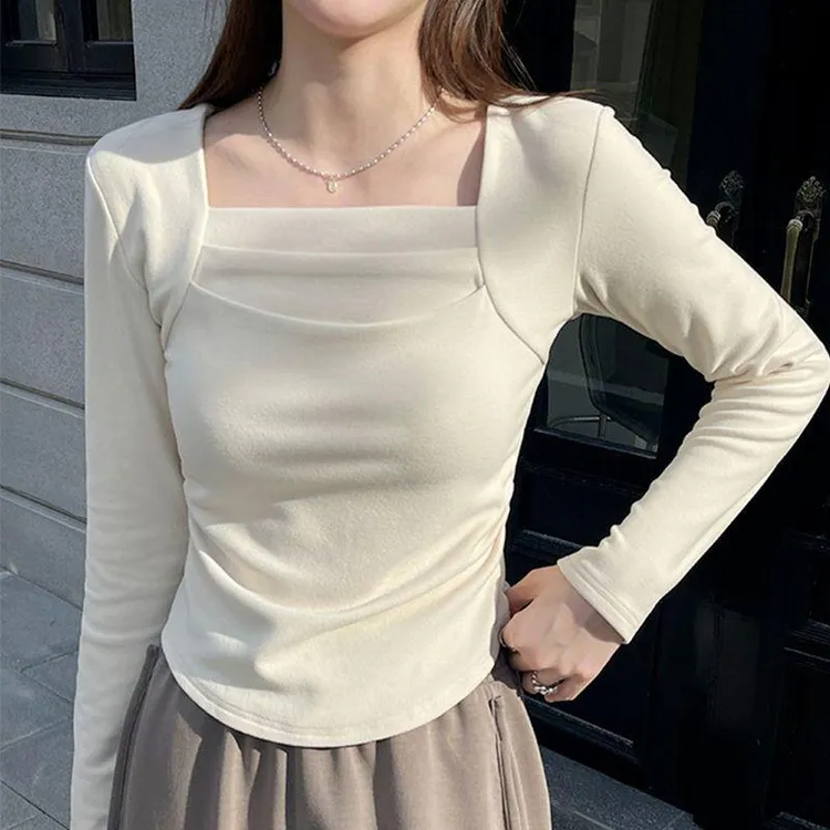 春秋新款德绒打底衫女长t袖恤秋冬内搭加厚正肩纯欲方领鱼骨上衣