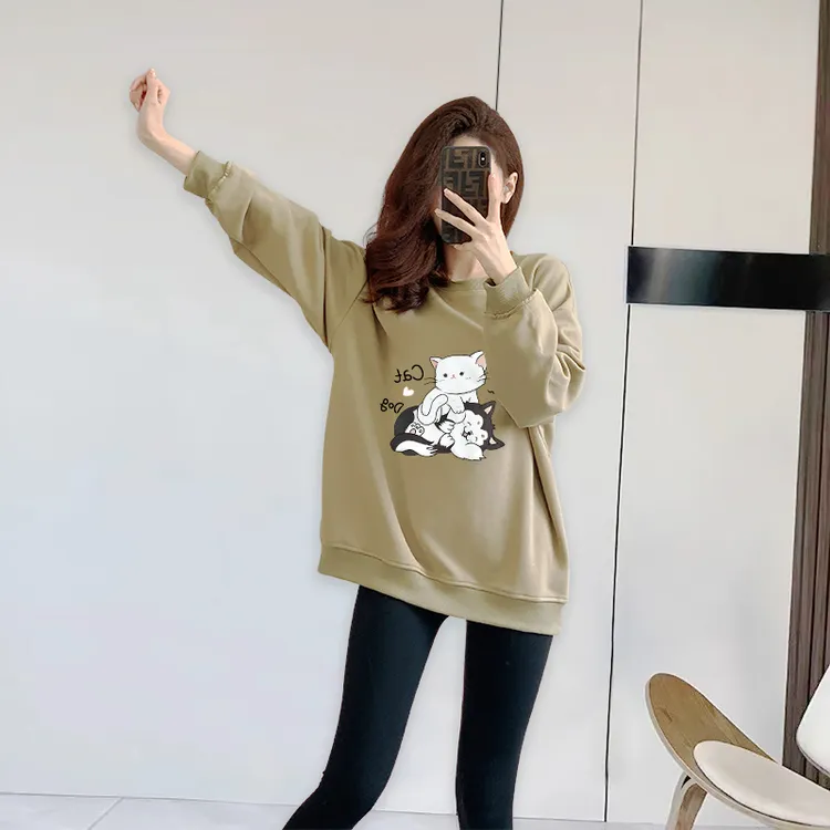 卡其色圆领卫衣女2025新款春秋款冬季加绒加厚宽松长袖上衣女外套