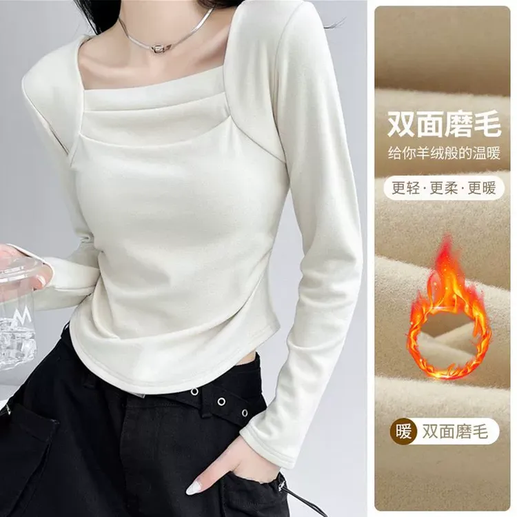 黑色加绒德绒打底衫女内搭时尚秋冬加厚修身百搭上衣长袖洋气显瘦