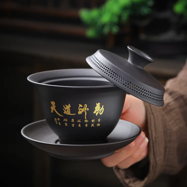 2024新款创意中式多孔紫砂悬停盖碗家用茶器泡茶功夫茶具三才盖碗