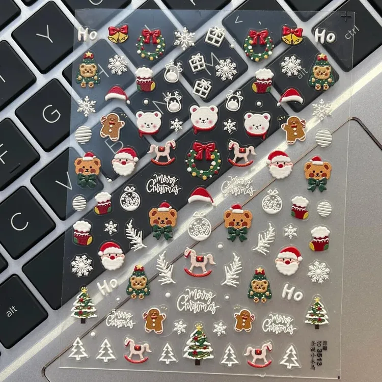 新款圣诞限定美甲贴纸浮雕立体爆款防水可爱圣诞老人雪人指甲贴纸