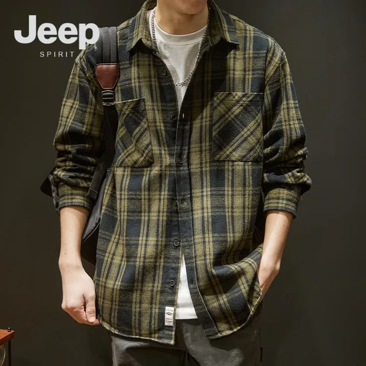 JEEPSPIRIT重磅磨毛格子衬衫男宽松长袖外套日系舒适上衣秋季潮牌