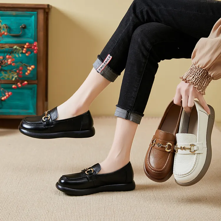 厚底乐福鞋春秋单鞋时尚百搭一脚蹬懒人鞋头层牛皮防滑耐磨皮鞋