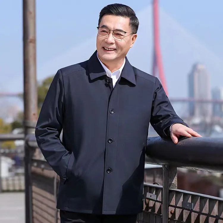 春秋季新款男士休闲中年爸爸外套中老年翻领夹克老人爷爷上衣薄款